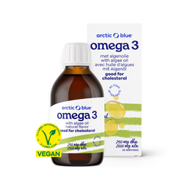 Produktansicht von Arctic Blue Omega 3 Algenöl – 100% Vegan, Pflanzlich, ohne Fischöl – Hohe Dosierung: 250 mg DHA & 2000 mg ALA – Für Gehirn, Augen & Cholesterin – Nachhaltig in Glasflasche