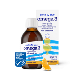 Produktansicht von Arctic Blue® Omega-3 Full Spectrum 150 ml – Wildfischöl aus Norwegen, 830 mg Omega-3 (DHA+EPA), mit Vitamin D & Orangengeschmack – MSC-zertifiziert, kein Aufstoßen, Glasflasche
